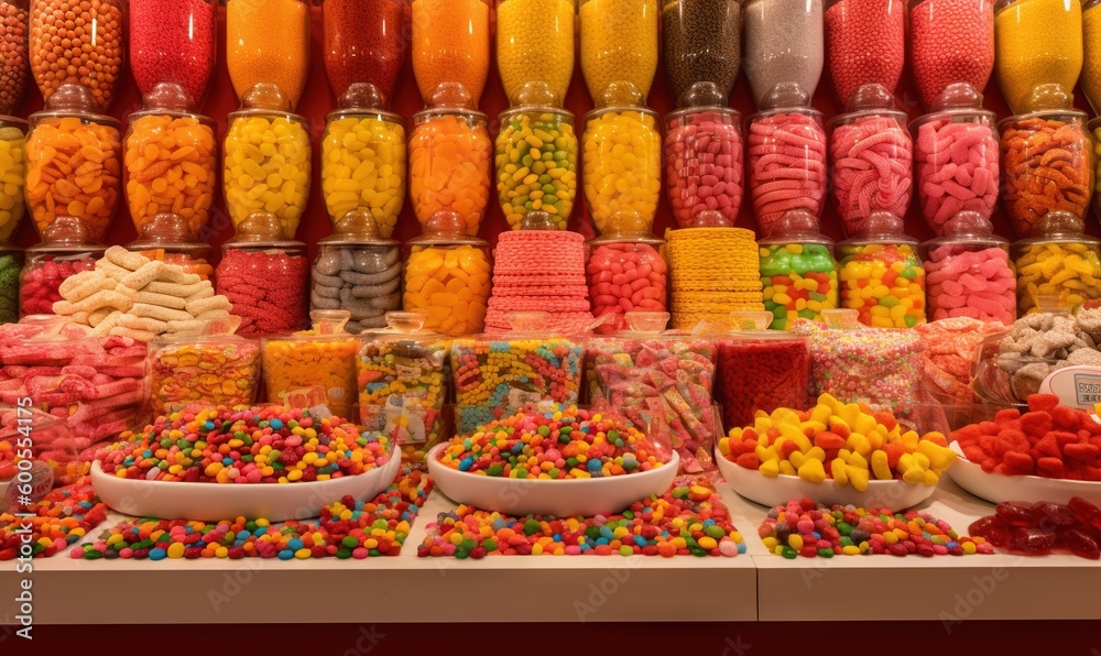  a variety of candy is displayed in a store display case.  generative ai