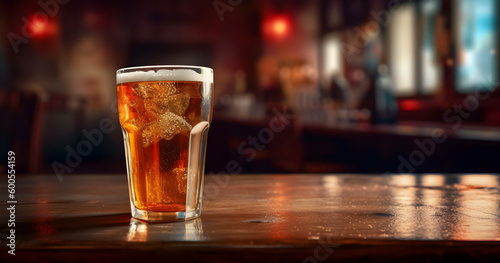 Beer on a Wooden Bar Table | Blurred background | Sunshine from the window | Rustic Beer Bar | Generative AI