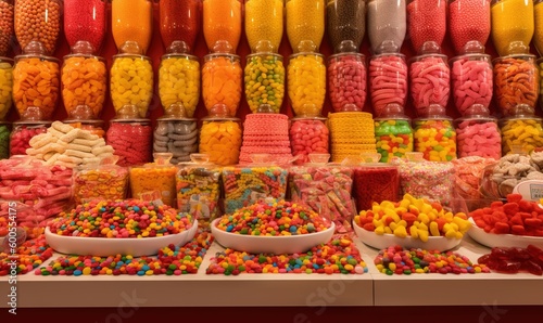  a variety of candy is displayed in a store display case.  generative ai