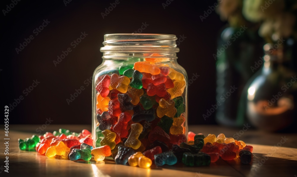 a glass jar filled with gummy bears on a table. generative ai a glass jar filled with gummy bears on a table. generative ai