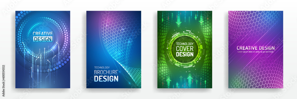 High-tech brochure flyer template. Abstract hexagonal futuristic design concept. Technology background design, booklet, leaflet, annual report layout. Science cover design for business presentation. - obrazy, fototapety, plakaty 