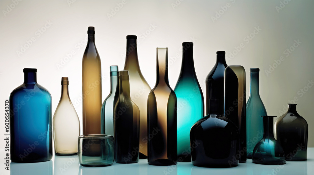 A vivid ensemble of glass bottles adorns a pristine white surface, their hues dancing under the studio lights, creating a mesmerizing display.. Generative AI A vivid ensemble of glass bottles adorns a pristine white surface, their hues dancing under the studio lights, creating a mesmerizing display.. Generative AI