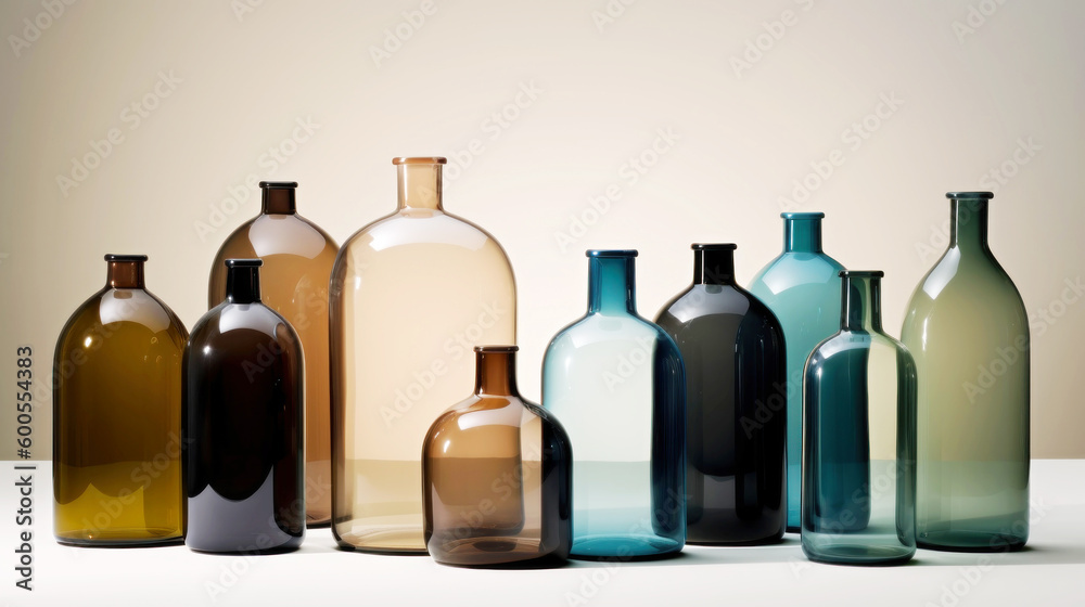 A vivid ensemble of glass bottles adorns a pristine white surface, their hues dancing under the studio lights, creating a mesmerizing display.. Generative AI A vivid ensemble of glass bottles adorns a pristine white surface, their hues dancing under the studio lights, creating a mesmerizing display.. Generative AI