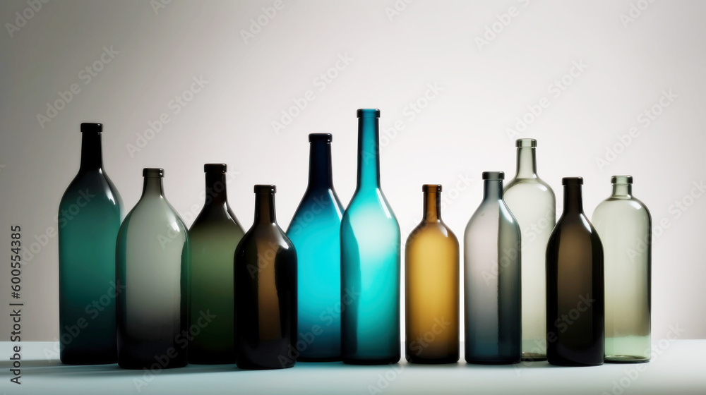 A vivid ensemble of glass bottles adorns a pristine white surface, their hues dancing under the studio lights, creating a mesmerizing display.. Generative AI A vivid ensemble of glass bottles adorns a pristine white surface, their hues dancing under the studio lights, creating a mesmerizing display.. Generative AI