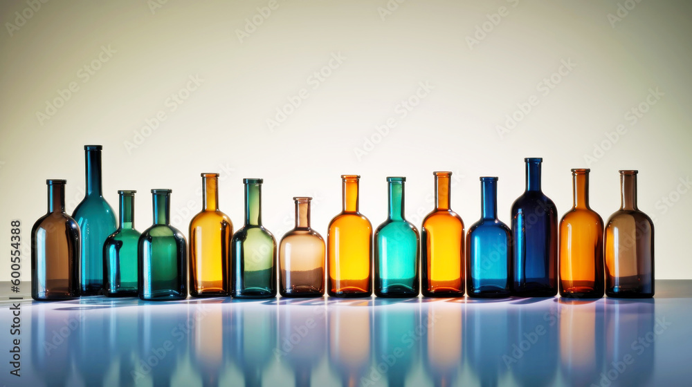 A vivid ensemble of glass bottles adorns a pristine white surface, their hues dancing under the studio lights, creating a mesmerizing display.. Generative AI A vivid ensemble of glass bottles adorns a pristine white surface, their hues dancing under the studio lights, creating a mesmerizing display.. Generative AI