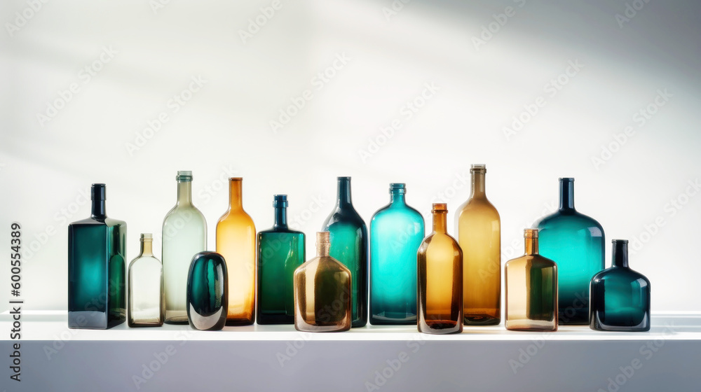 A vivid ensemble of glass bottles adorns a pristine white surface, their hues dancing under the studio lights, creating a mesmerizing display.. Generative AI A vivid ensemble of glass bottles adorns a pristine white surface, their hues dancing under the studio lights, creating a mesmerizing display.. Generative AI