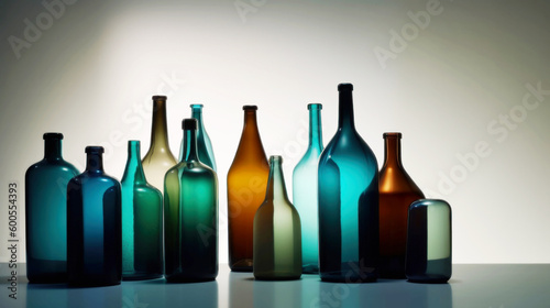 A vivid ensemble of glass bottles adorns a pristine white surface, their hues dancing under the studio lights, creating a mesmerizing display.. Generative AI