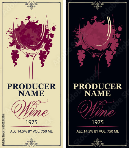 set of vector wine labels with a glass of wine, splashes and drops and grapes