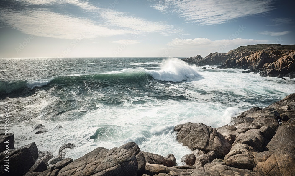  a large body of water surrounded by rocks and a cliff.  generative ai