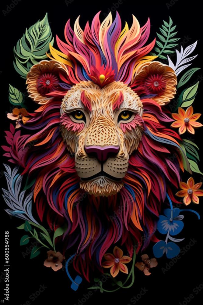 Lion with leaves and flowers paper quilling, Generative AI