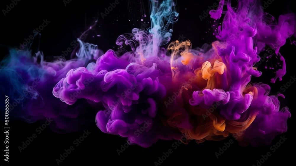 Abstract 3d Purple Color Splash Background. High Detail Burst of Vibrant Paint. 3D Amorphous Multi Color Cloud. Colorful Liquid Smoke.

