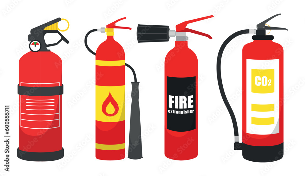Set of red fire extinguishers in cartoon style. Vector illustration of various fire extinguishers isolated on white background. Fire extinguishing with carbon dioxide, powder, sand. Safety equipment.