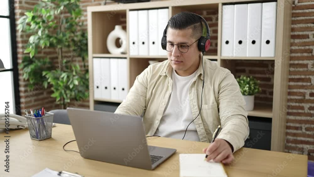 Young hispanic man business worker having video call at office Young hispanic man business worker having video call at office