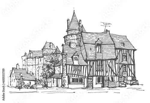 Travel sketch of a medieval castle  The Chateau de Vitre  in the Ille-et-Vilaine d  partement of France. Hand drawn postcard. Urban sketch in black color isolated on white background. Line art drawing.