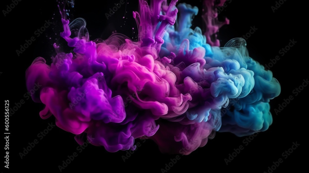 Abstract 3d Purple Color Splash Background. High Detail Burst of Vibrant Paint. 3D Amorphous Multi Color Cloud. Colorful Liquid Smoke.
