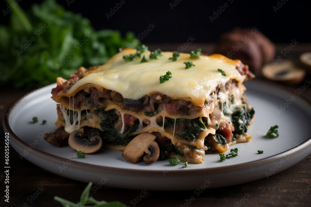 A slice of lasagna with layers of cheese, spinach, and mushrooms AI-generated art, Generative AI, illustration A slice of lasagna with layers of cheese, spinach, and mushrooms AI-generated art, Generative AI, illustration