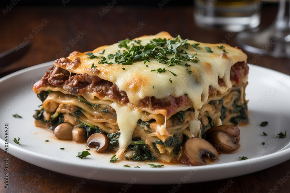 A slice of lasagna with layers of cheese, spinach, and mushrooms AI-generated art, Generative AI, illustration