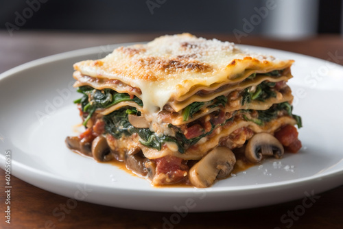 A slice of lasagna with layers of cheese, spinach, and mushrooms AI-generated art, Generative AI, illustration