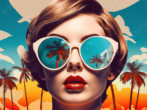 Fashion woman wearing trendy sunglasses. Retro style 60s style girl palm trees, beach, summer. Generative AI