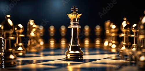gold chess piece behind his fellow pawns on a checkered board Generative AI
