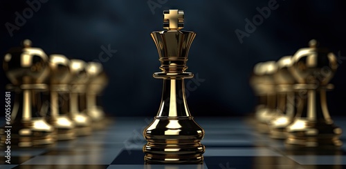 gold chess piece behind his fellow pawns on a checkered board Generative AI
