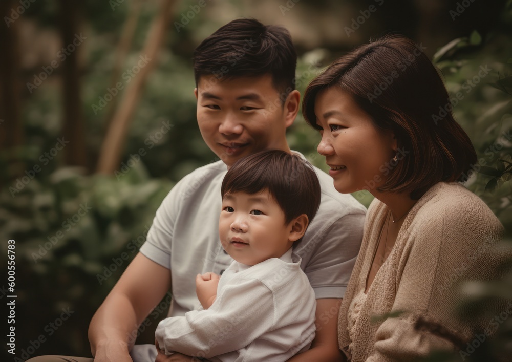 Young Asian Family Spending Quality Time Outdoors with their child. Generative AI. Young Asian Family Spending Quality Time Outdoors with their child. Generative AI.