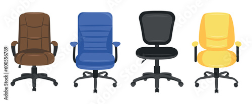 Set of colored office chairs in a cartoon style. Vector illustration of various office and front chairs on wheels for work isolated on white background. Office chairs for interior.