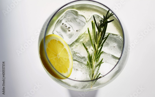 Frothy gin cocktail with sprig of rosemary and lemon slice, close up macro overhead on white background, Generative AI