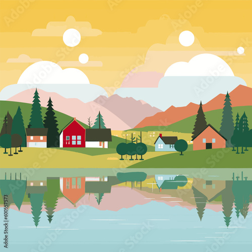 Vector illustration with a simple bright landscape with beautiful houses, lake and mountains in the background