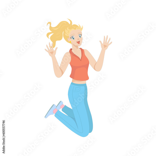 Pretty thin fit blond teenage anime girl jumping
