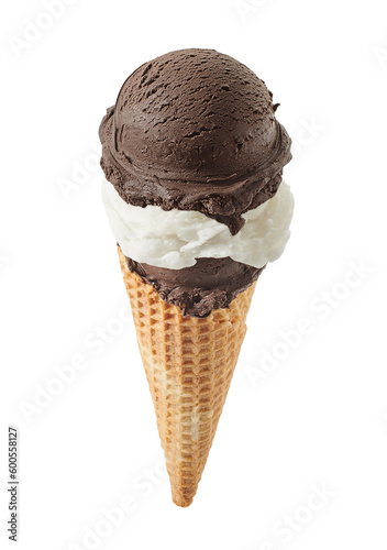 chocolate and vanilla ice cream with cone isolated on white