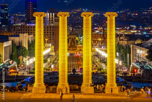 Montjuic columns at night, Barcelona, Spain photo