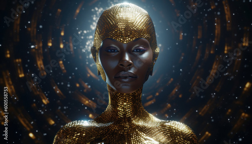 Beautiful alien black woman portrait with portal, concept of futuristic trendy android girl in gold. Created by AI