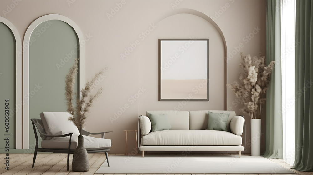 empty poster frame on beige wall in living room interior with modern furniture and decorative green arch with trendy dried flowers, white sofa and armchair. empty poster frame on beige wall in living room interior with modern furniture and decorative green arch with trendy dried flowers, white sofa and armchair.