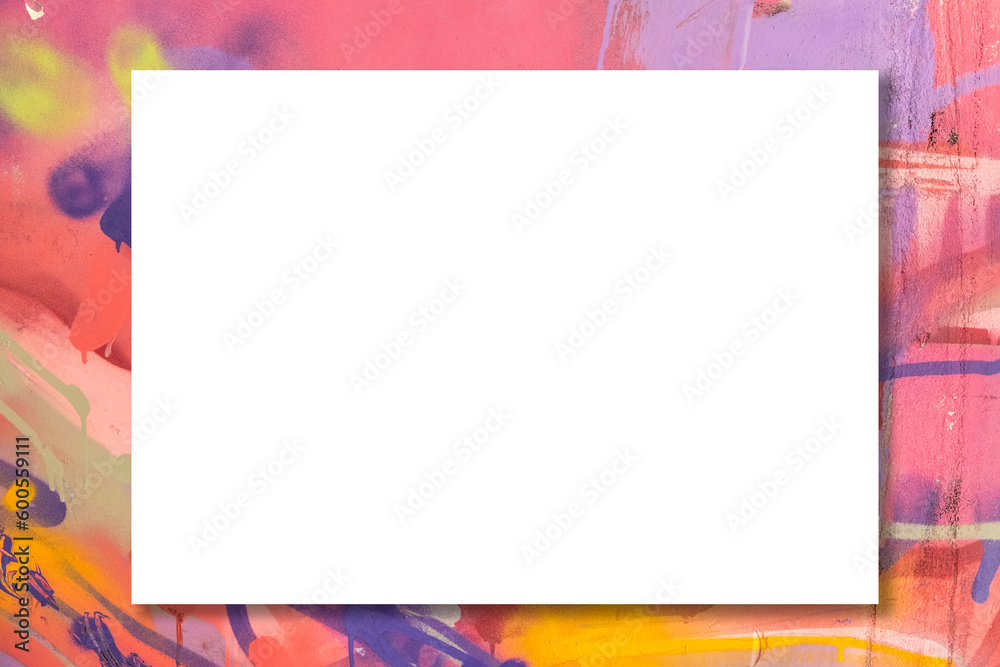 Obraz premium Mock up. Blank white board, billboard, advertising, public information board on colorful graffiti wall with pink, purple, yellow colors streaks of paints and paint sprays