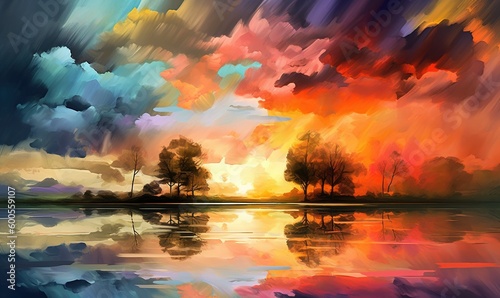  a painting of a colorful sunset with trees and clouds reflected in the water. generative ai