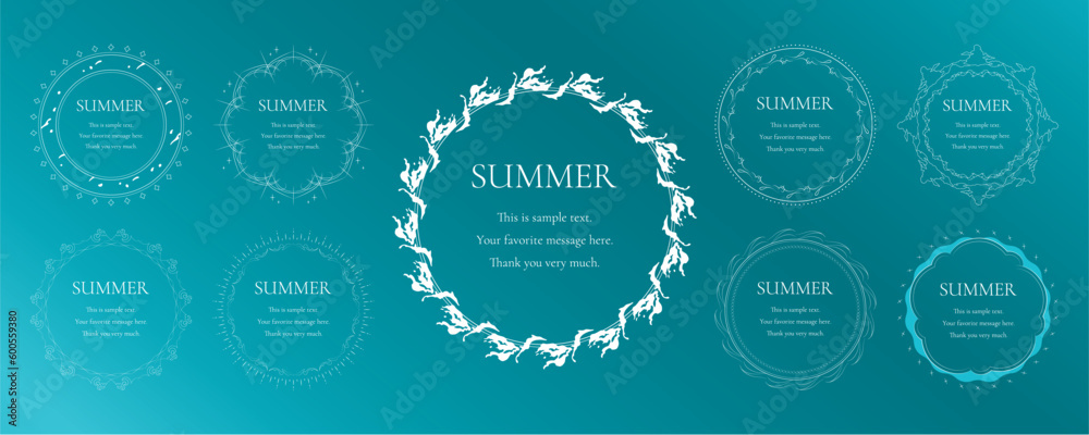 素材_フレームのセット_太陽と海と空をモチーフにした夏の飾り枠。高級感のある囲みのデザイン