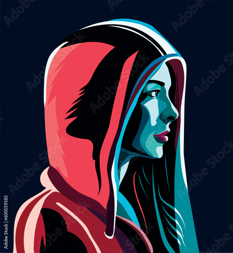 Girl with red hood, lights and blue reflections in the night. Side view. Nightlife. Isolation and indifference. Lifestyle. Social issues. Mistrust. Dark Background, Profile View, Vector