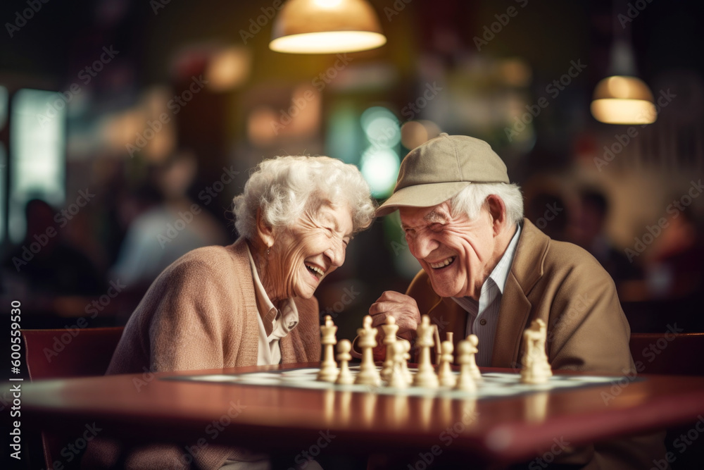 Happy Senior Couple Having Fun With Chess in Bar. AI generative Happy Senior Couple Having Fun With Chess in Bar. AI generative