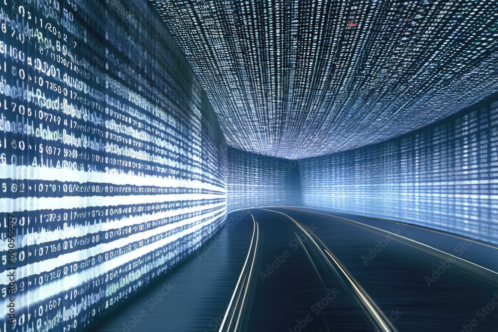 Obraz premium Data stream highway with super thick laser rays with a background of a continuous wall of columns of numbers. Generative AI