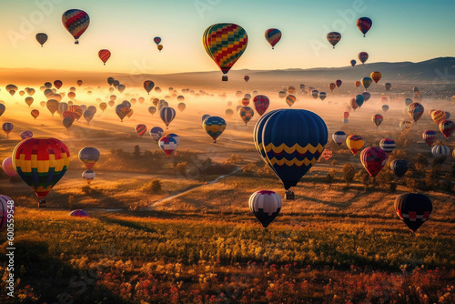 A hot air balloon festival, with colorful balloons filling the sky over a picturesque countryside. Generative AI