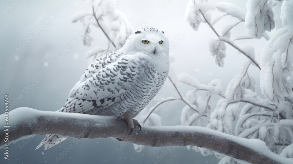 Fototapeta premium An owl perched atop a branch in a snow-covered forest. Generative AI