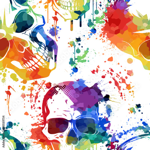 Grunge seamless pattern with colorful skulls. Vector illustration.