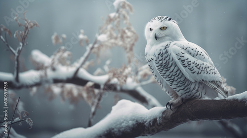 Portrait of snowy owl perch on a branch in snow. Generative AI