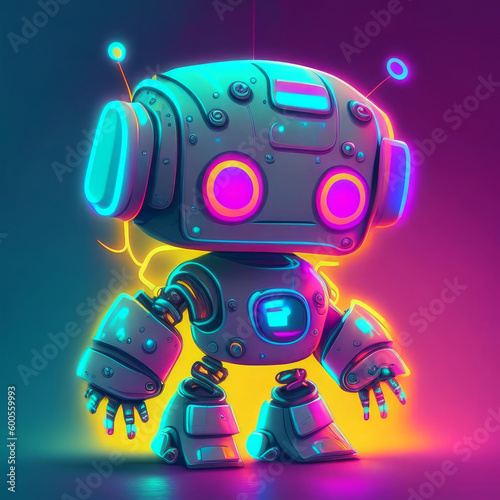 Cute modern neon robot. Generative AI