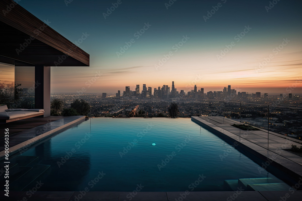 Los Angeles residence with a pool and a view on a city, Generative AI