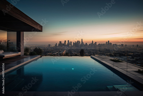 Los Angeles residence with a pool and a view on a city  Generative AI