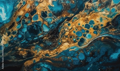 Abstract paint background by deep blue and gold color with liquid fluid texture in luxury concept, generative AI