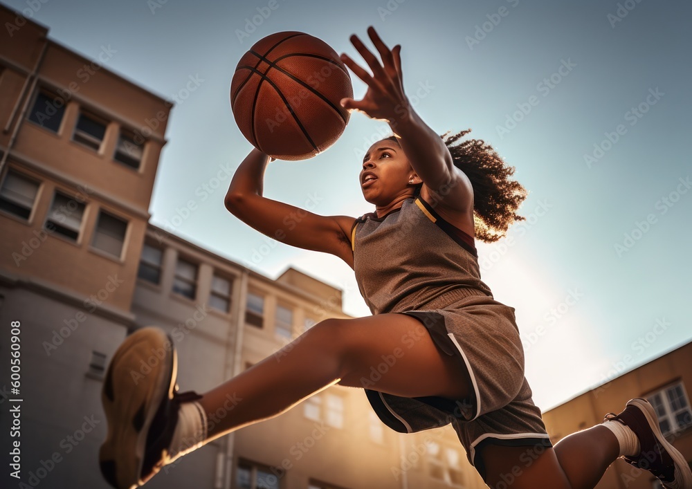 Portrait of a Young African Woman Basketball Athlete while playing basketball. Generative AI.