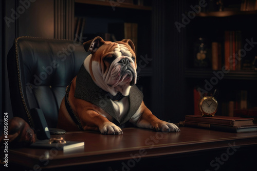 Bulldog in a Blazer at the office. Generative AI © Andrii 